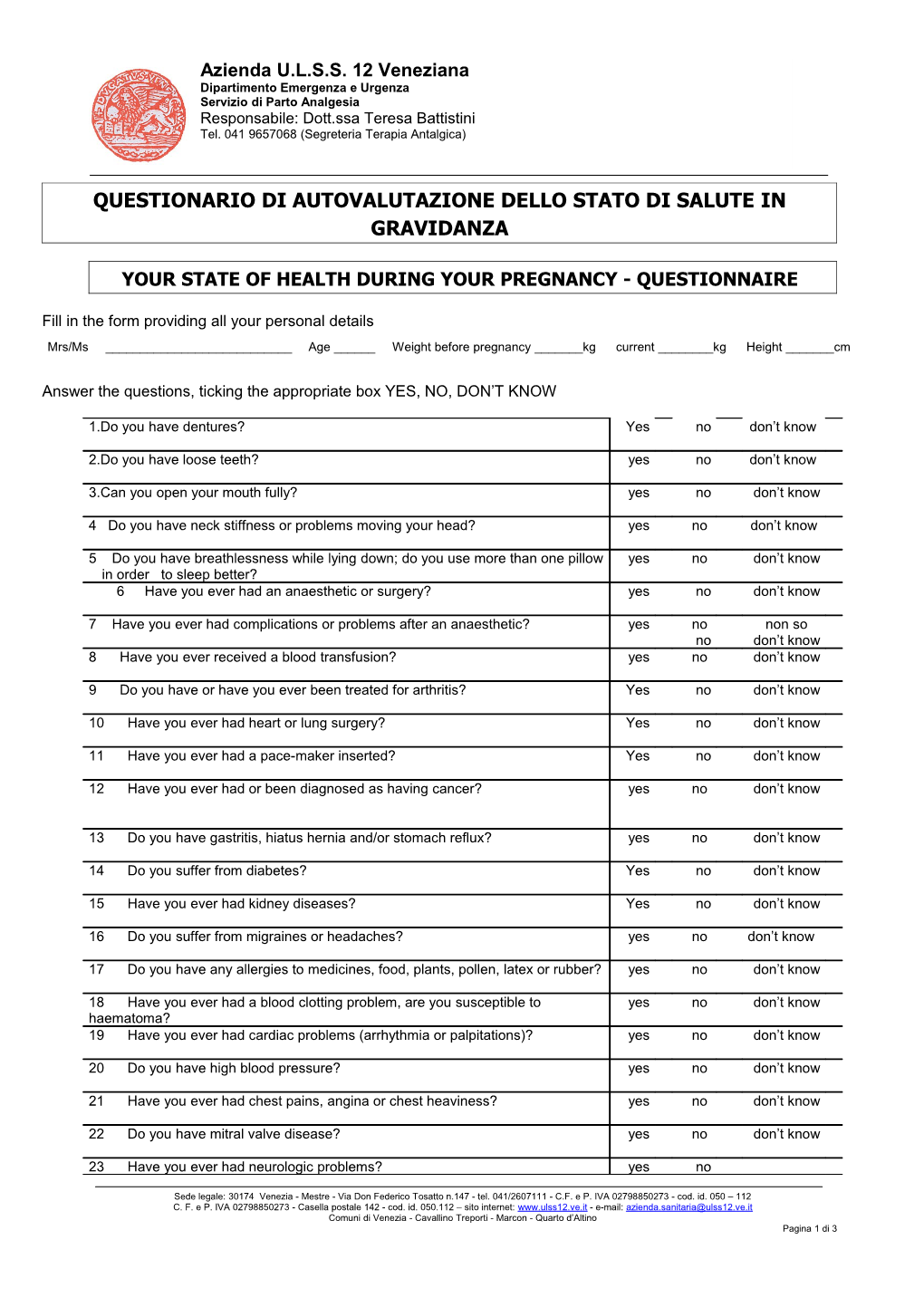 Your State of HEALTH During YOUR PREGNANCY - Questionnaire