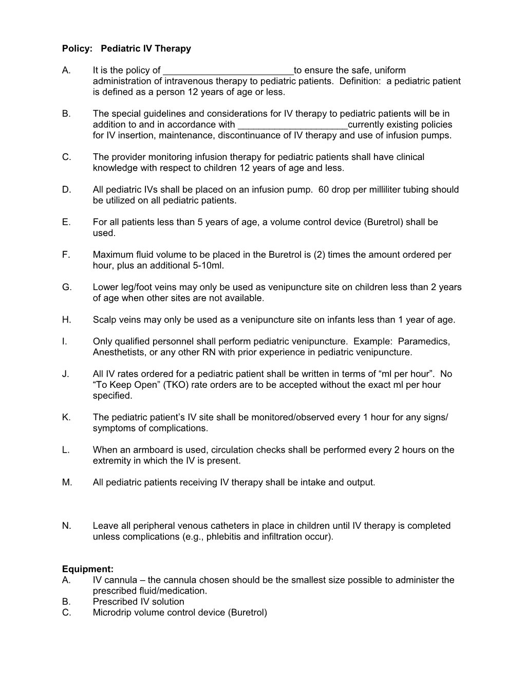 Policy: Pediatric IV Therapy