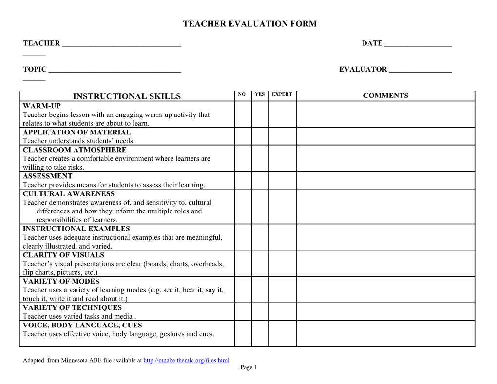 Minnesota Abe/Esl Teacher Evaluation Form