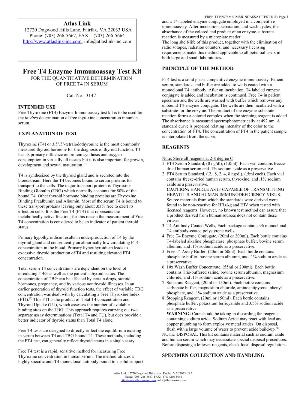 Free T4 Enzyme Immunoassay Test Kit