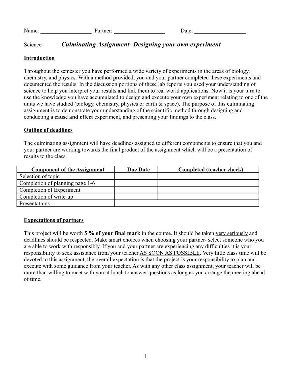 Science Culminating Assignment- Designing Your Own Experiment