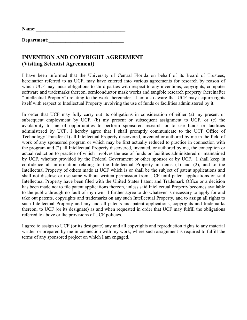 Visiting Scientist Agreement