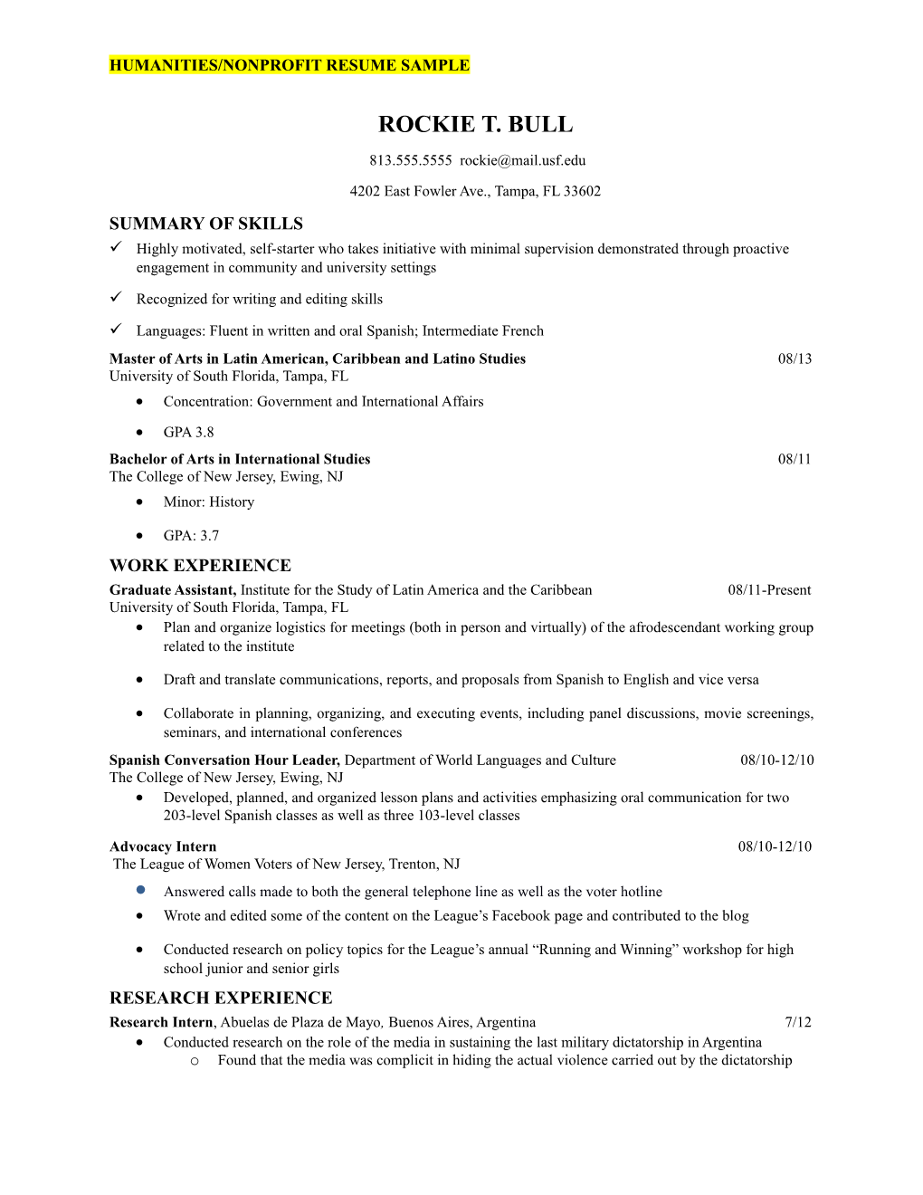 Humanities/Nonprofit Resume Sample