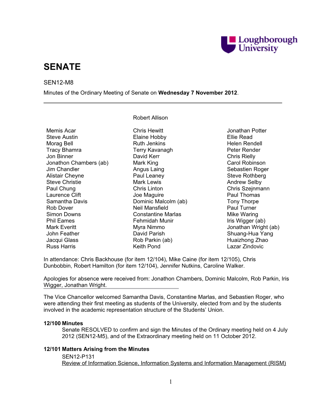 Minutes of the Ordinary Meeting of Senate on Wednesday 7 November 2012