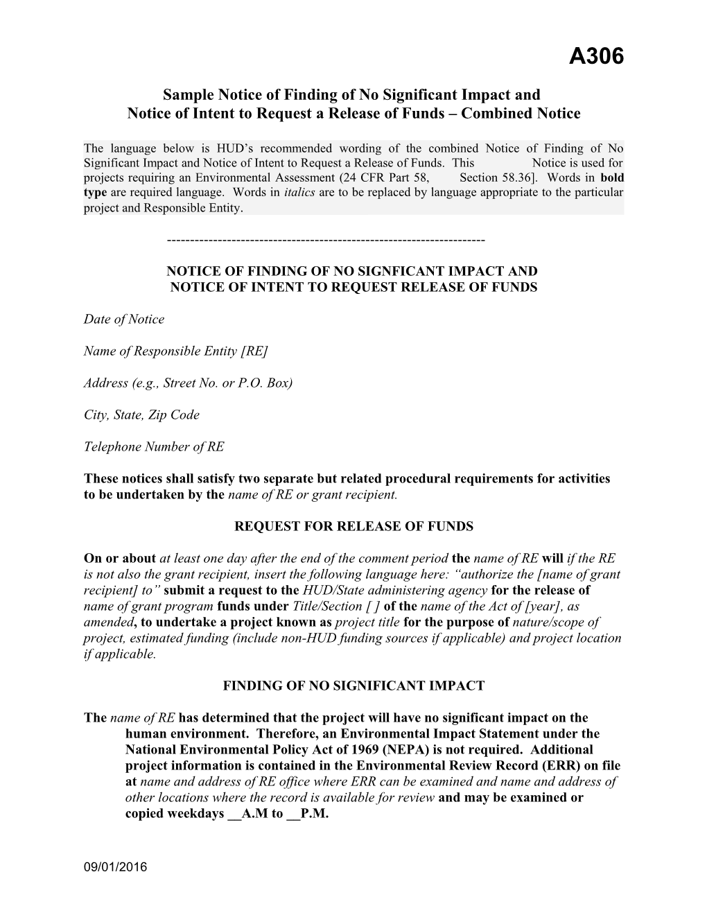 Sample Notice of Finding of No Significant Impact And