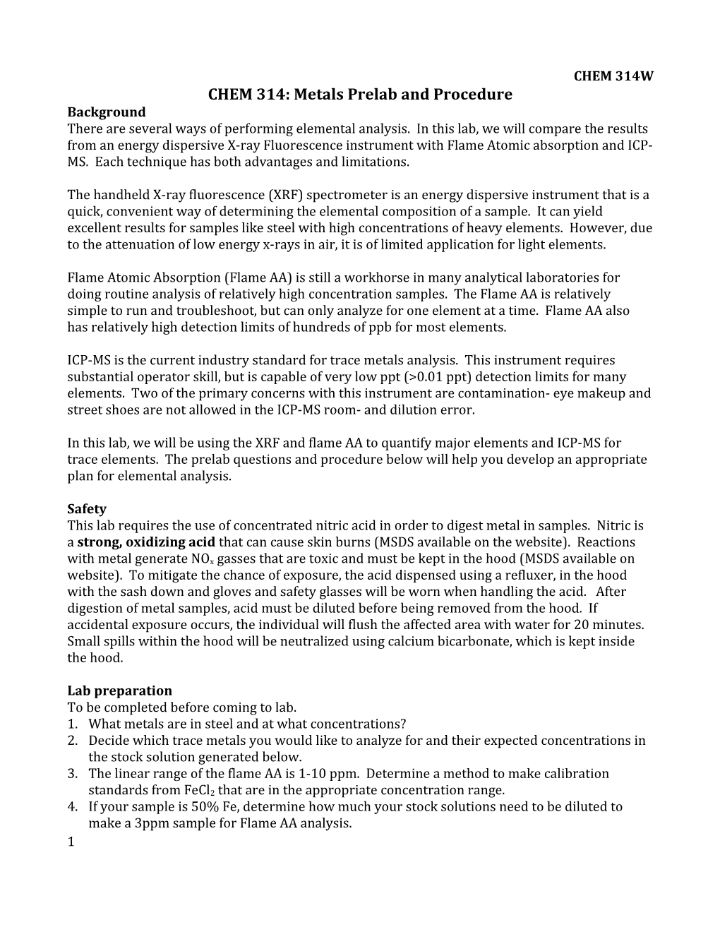 CHEM 314: Metals Prelab and Procedure