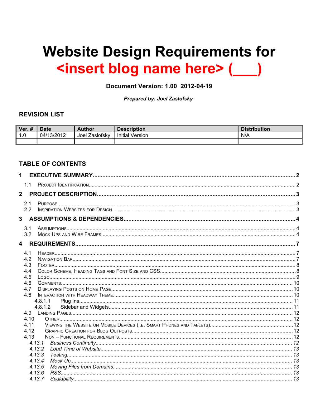 Website Design Requirements for &lt;Insert Blog Name Here&gt; (___)