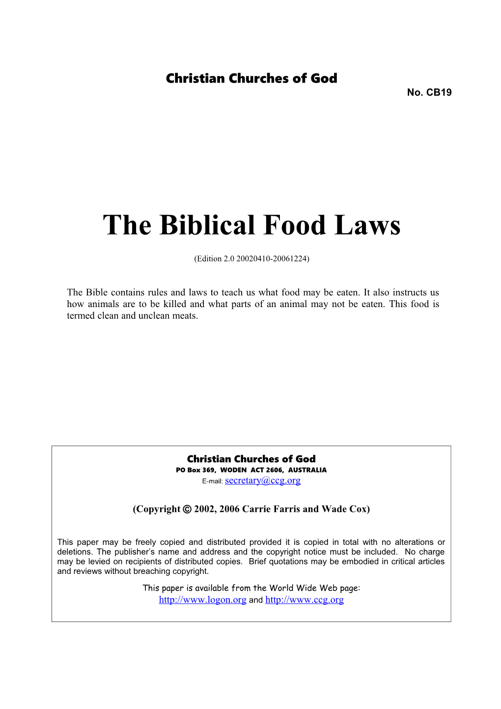 The Biblical Food Laws (No. CB19)
