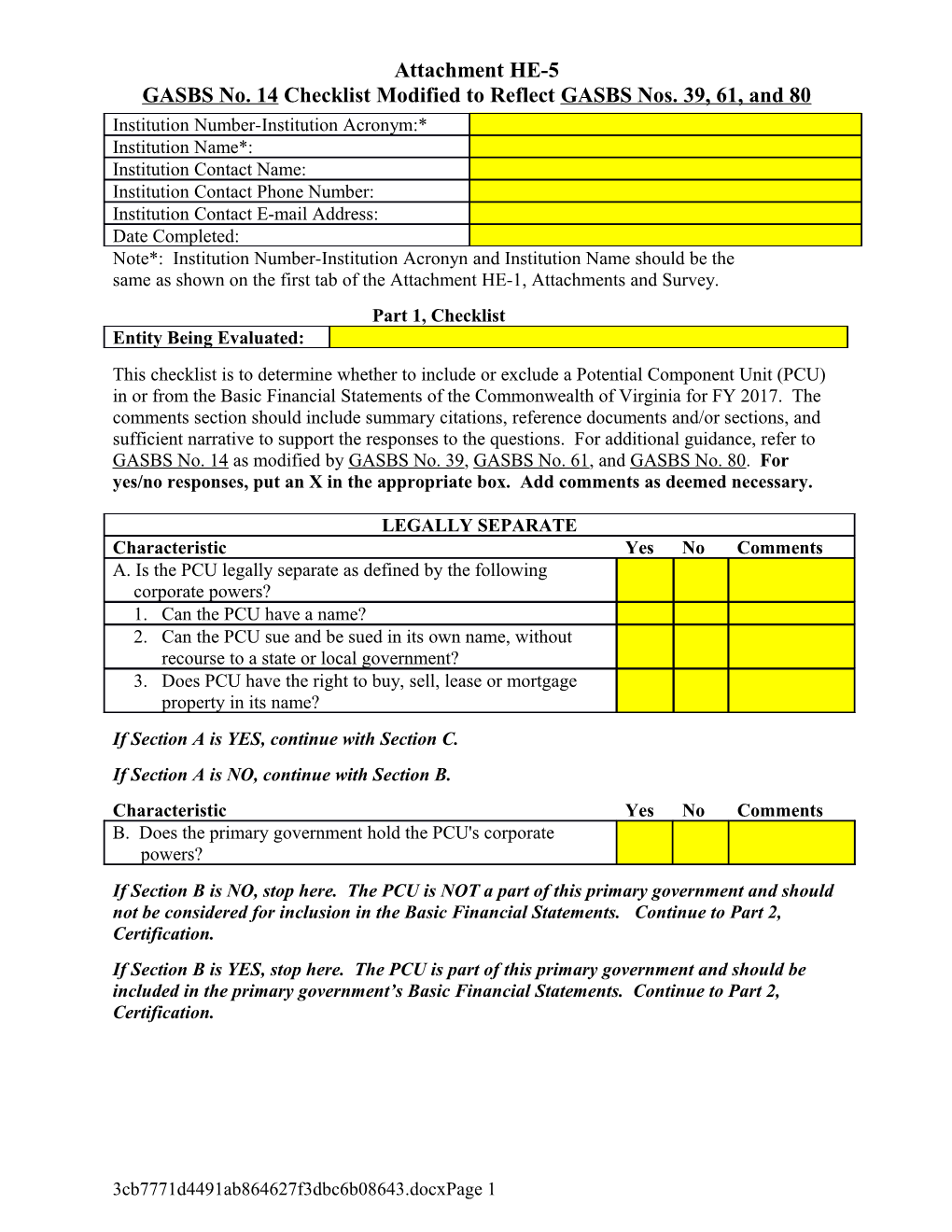 GASBS No. 14 Checklist Modified to Reflect GASBS No. 39 and 61