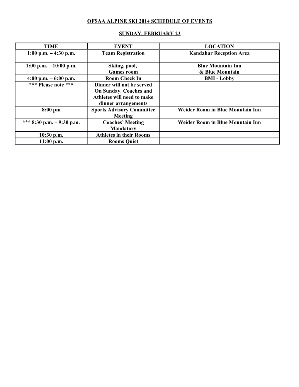 Ofsaa Alpine Ski 2014 Schedule of Events