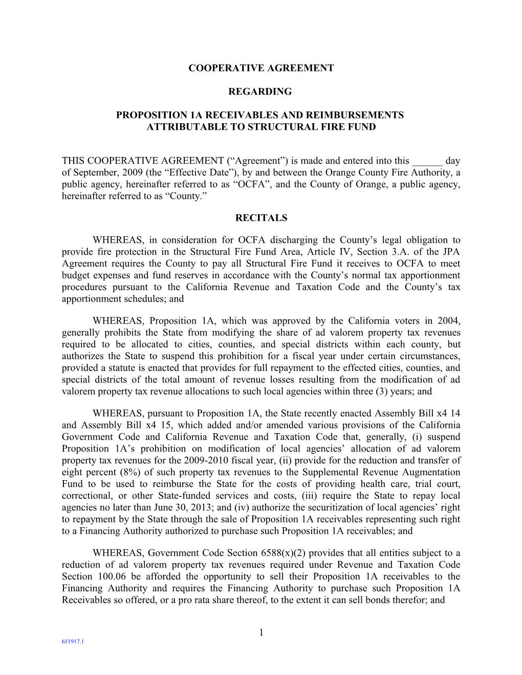 Agreement Regarding Proposition 1A Receivables