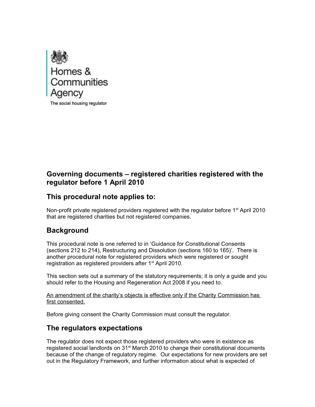 Governing Documents Registered Charities Registered with the Regulator Before 1 April 2010
