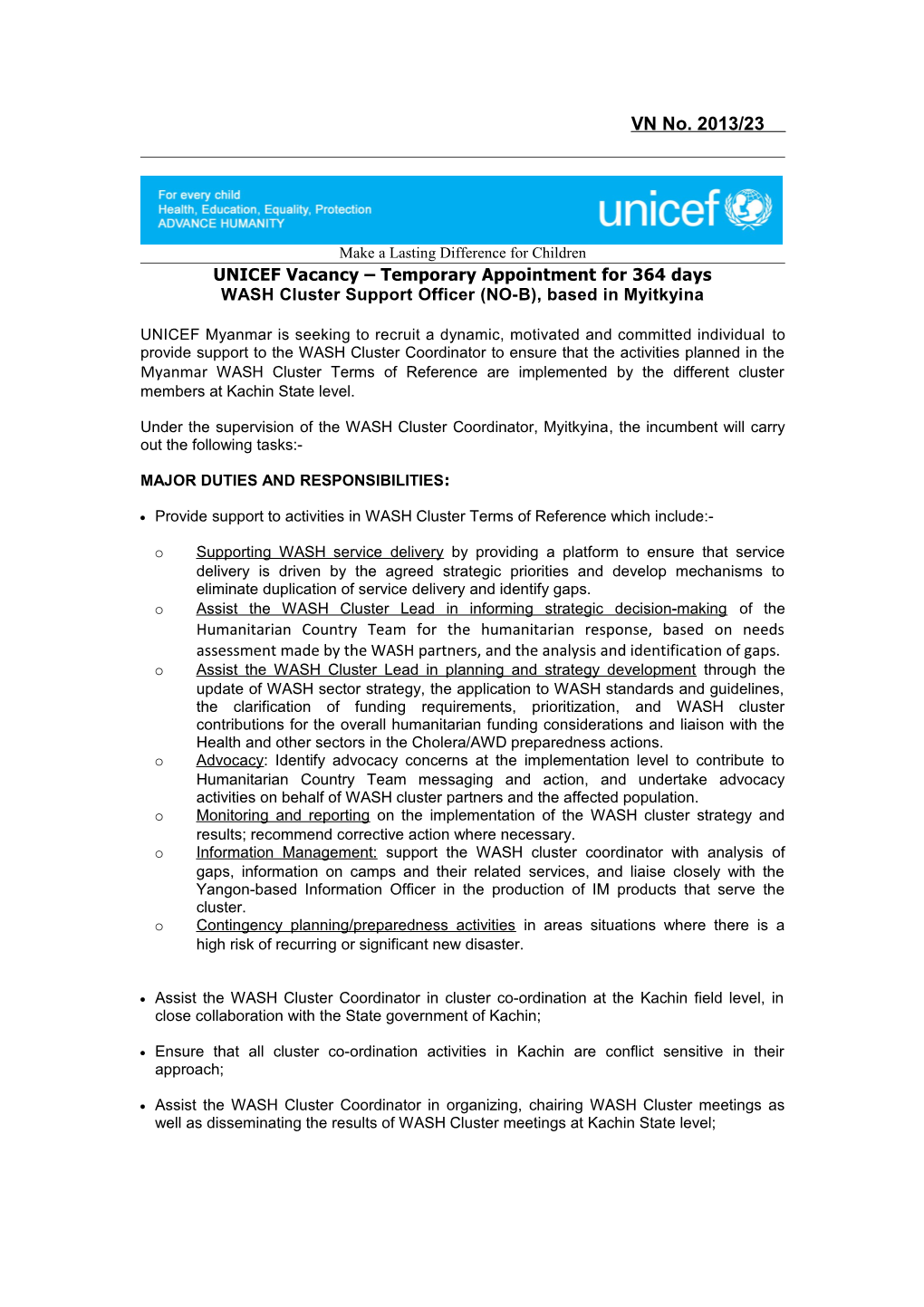 UNICEF Vacancy Temporary Appointment for 364 Days