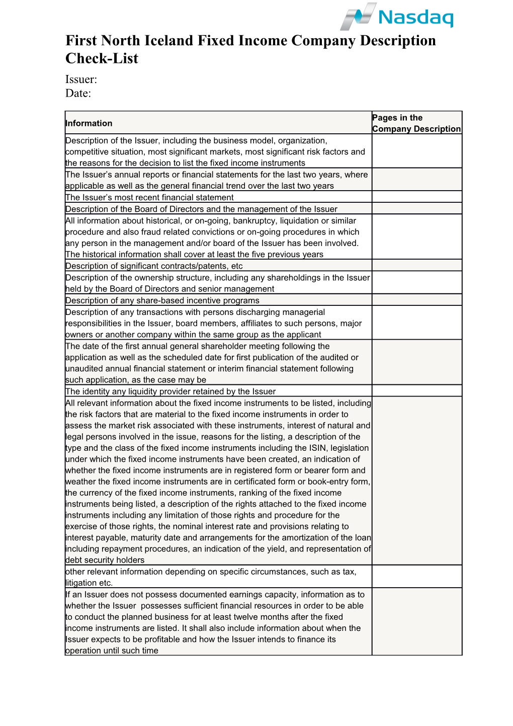 First North Iceland Fixed Income Company Description Check-List