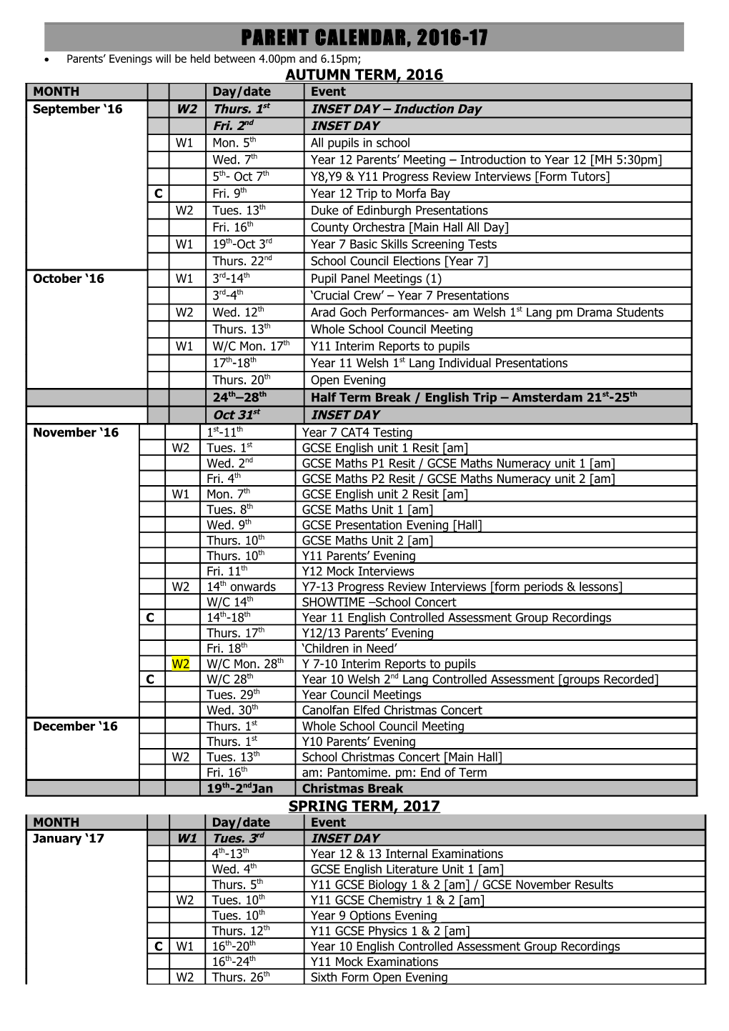 GCSE Controlled Assessment Calendar 2016-17