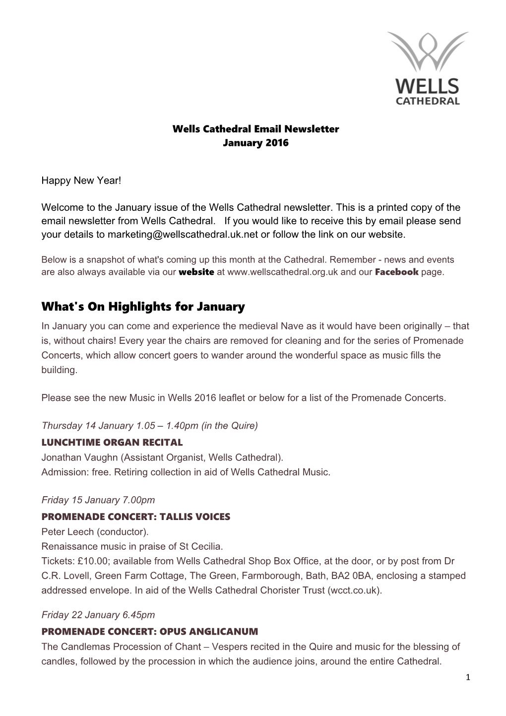 Wells Cathedral Email Newsletter