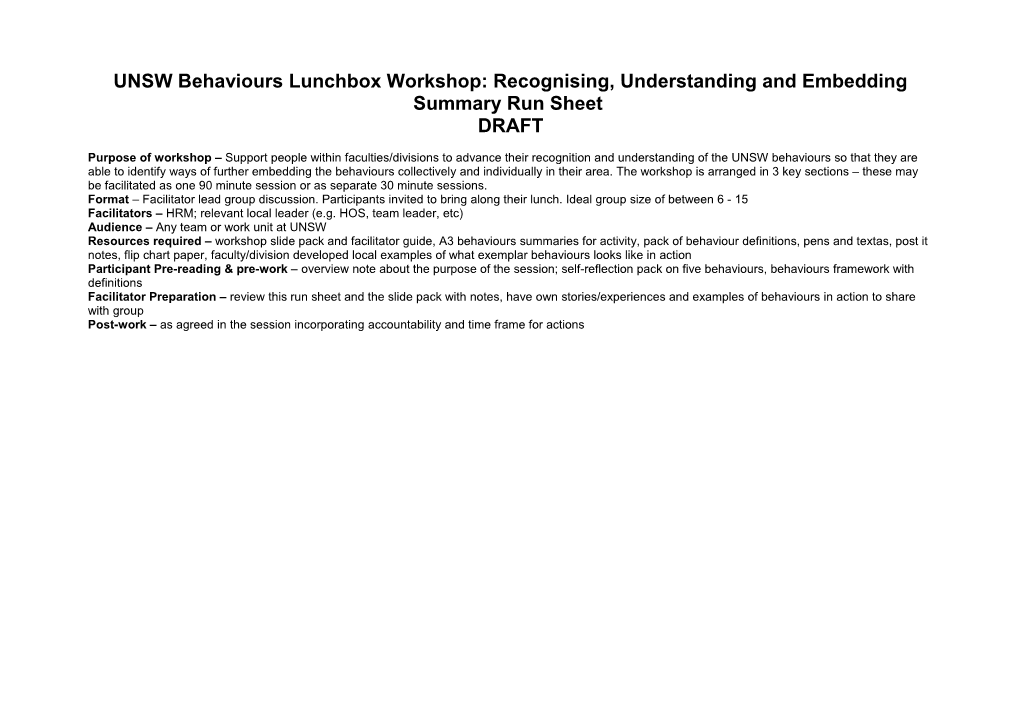 UNSW Behaviourslunchbox Workshop: Recognising, Understanding and Embedding
