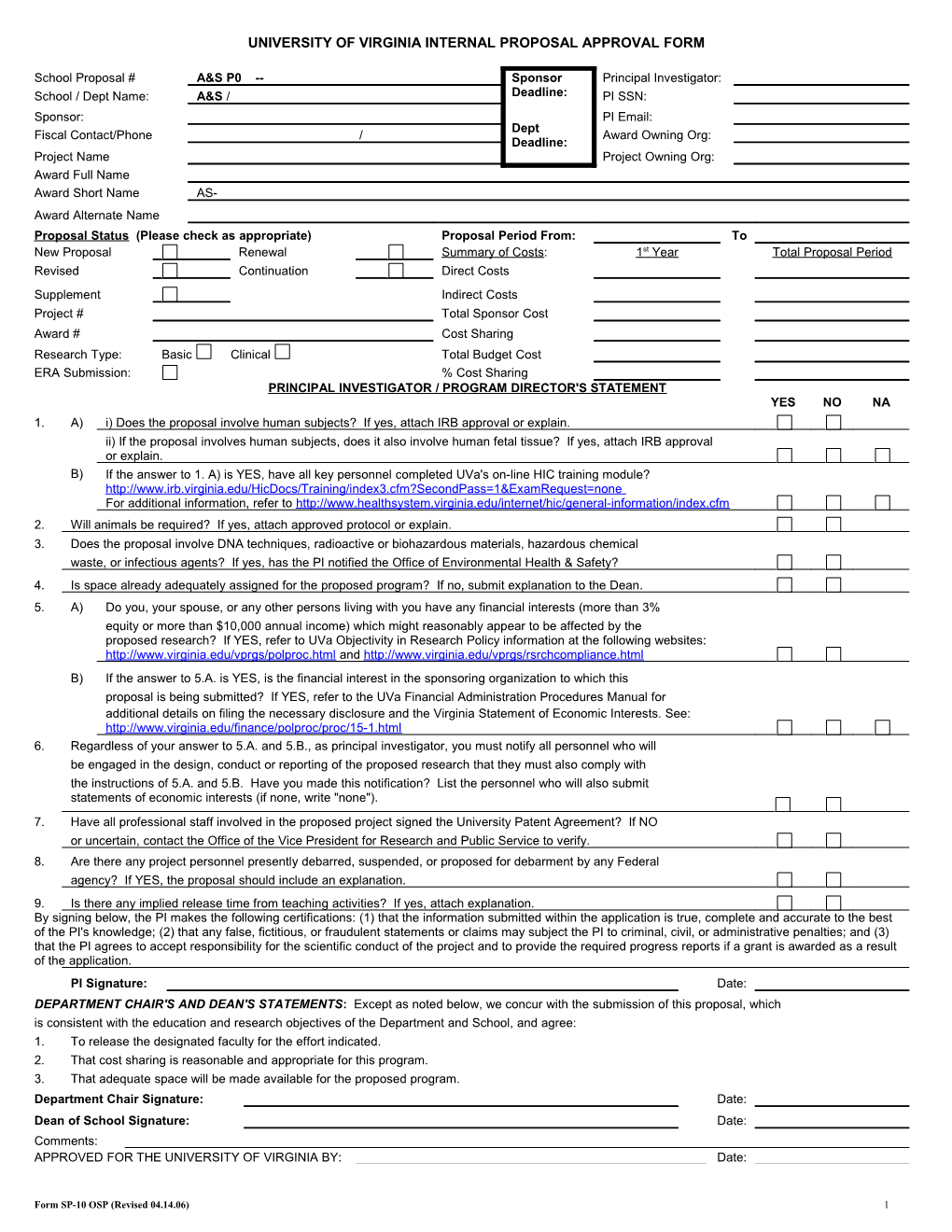 University of Virginia Internal Proposal Approval Form