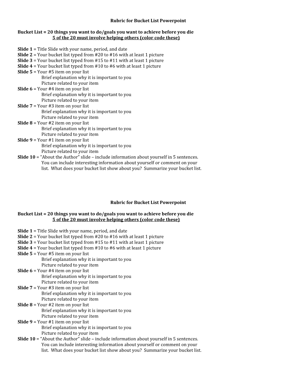 Rubric for Bucket List Powerpoint