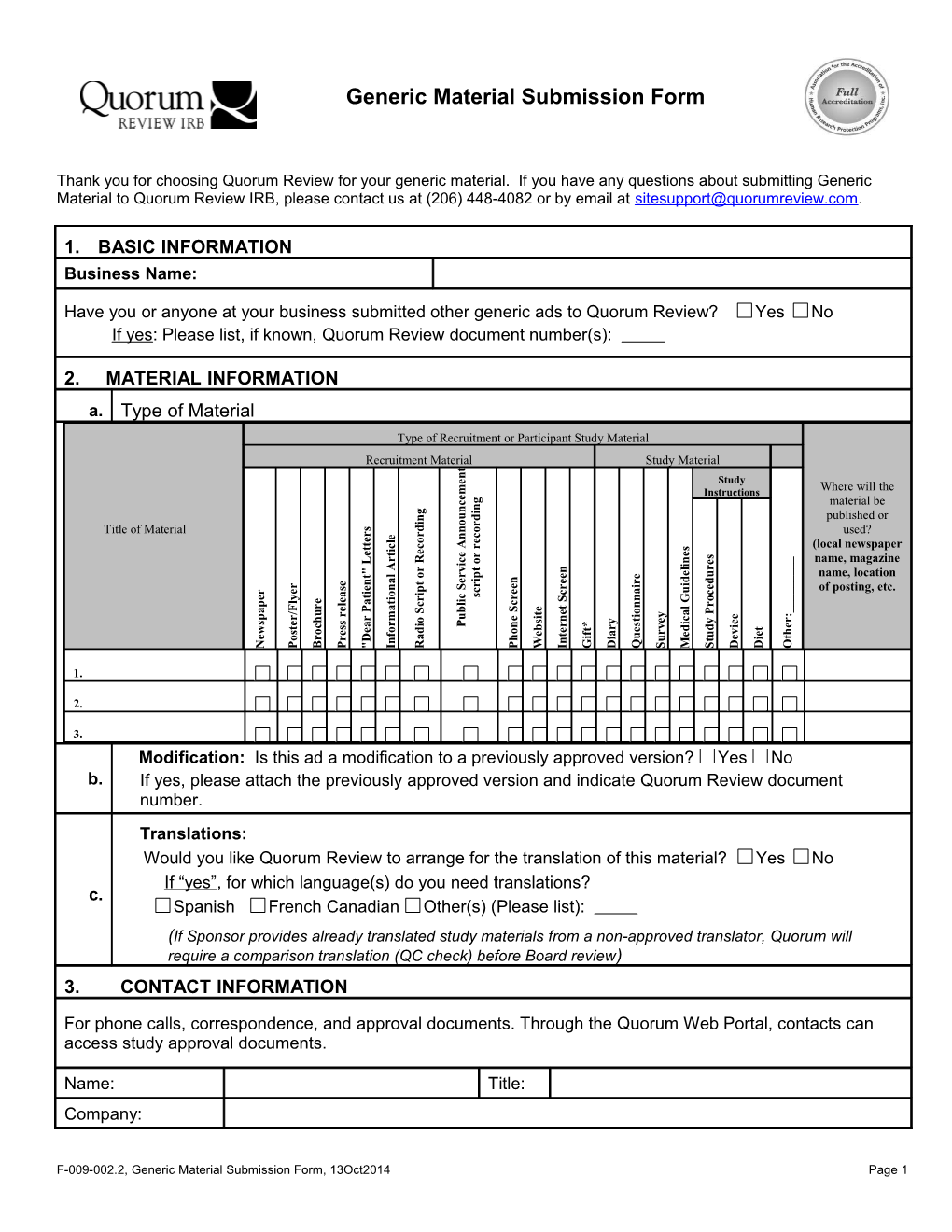 F-009-002.2, Generic Material Submission Form, 13Oct2014page 1