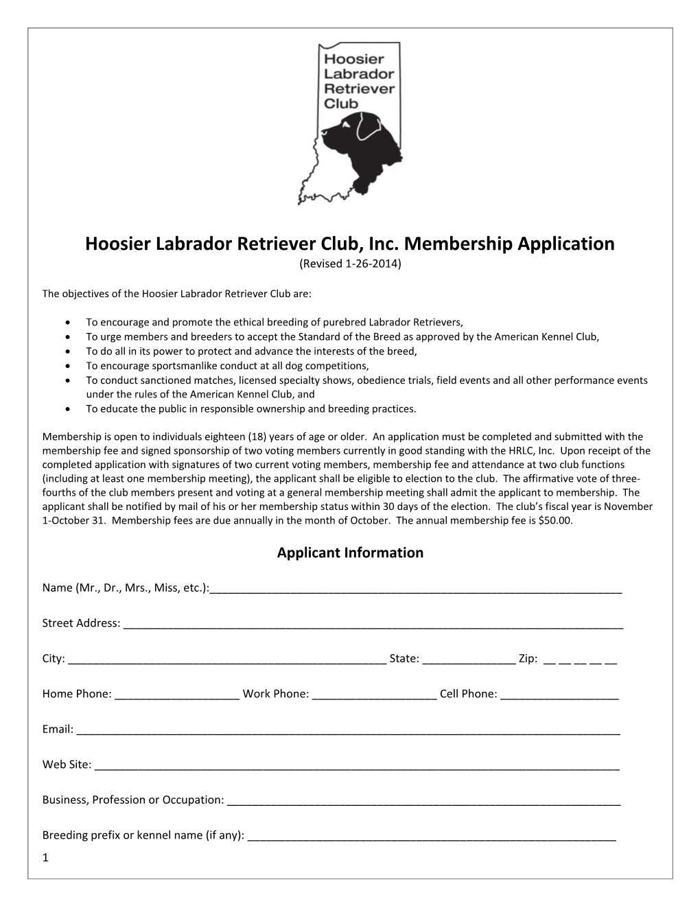 Hoosier Labrador Retriever Club, Inc. Membership Application