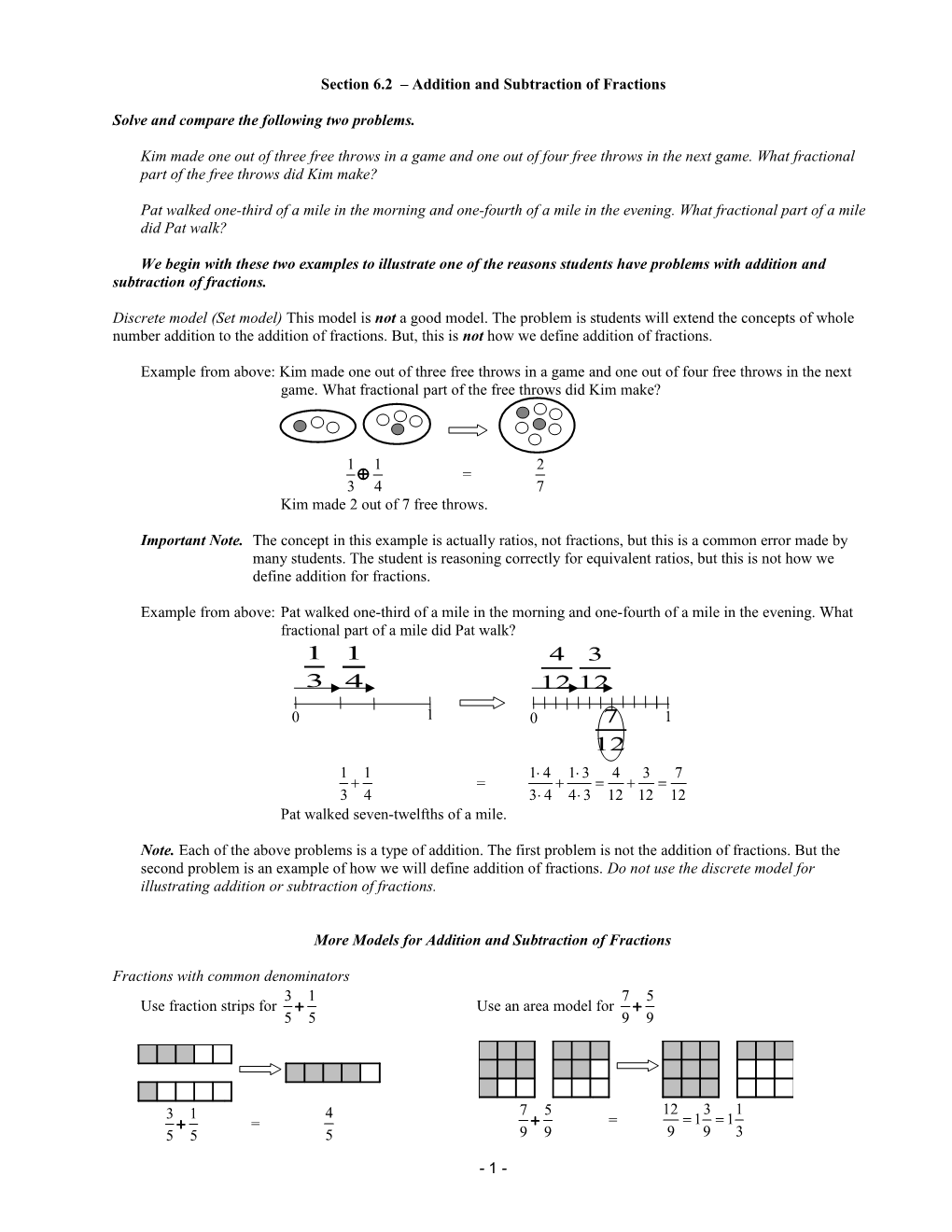 Section 6.2 Addition and Subtraction of Fractions