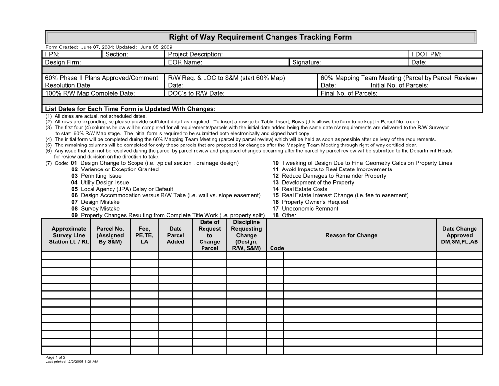 Final Right of Way Requirements / Revision Tracking Chart