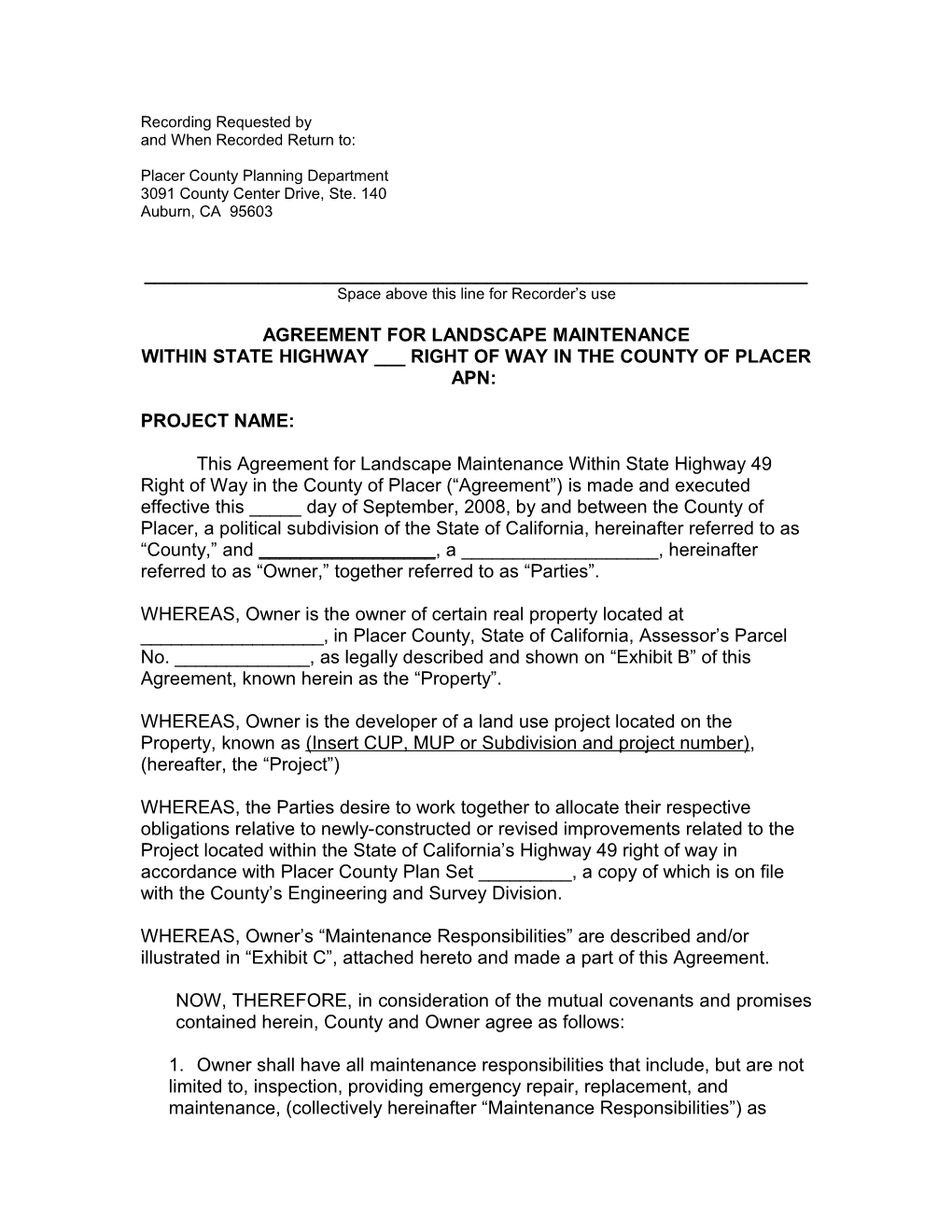 Agreement for Landscape Maintenance