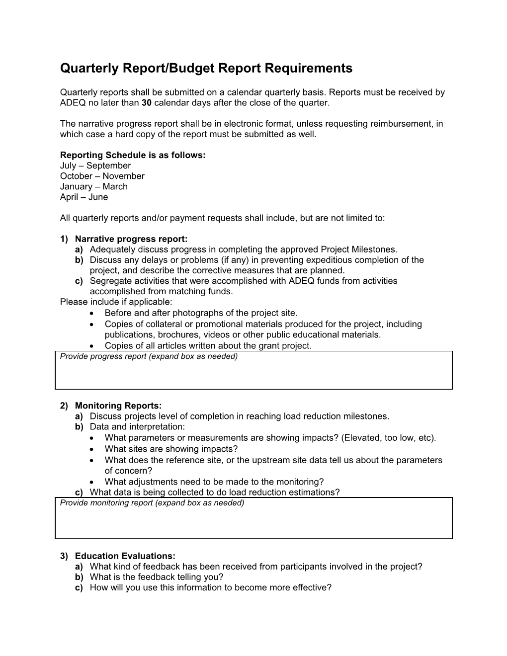 Quarterly Report/Budget Report Requirements