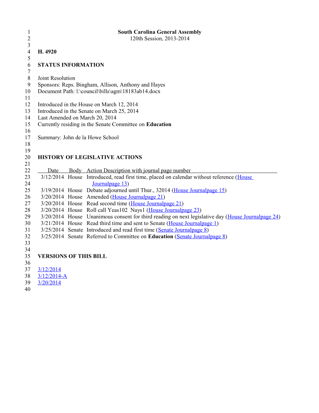 2013-2014 Bill 4920: John De La Howe School - South Carolina Legislature Online