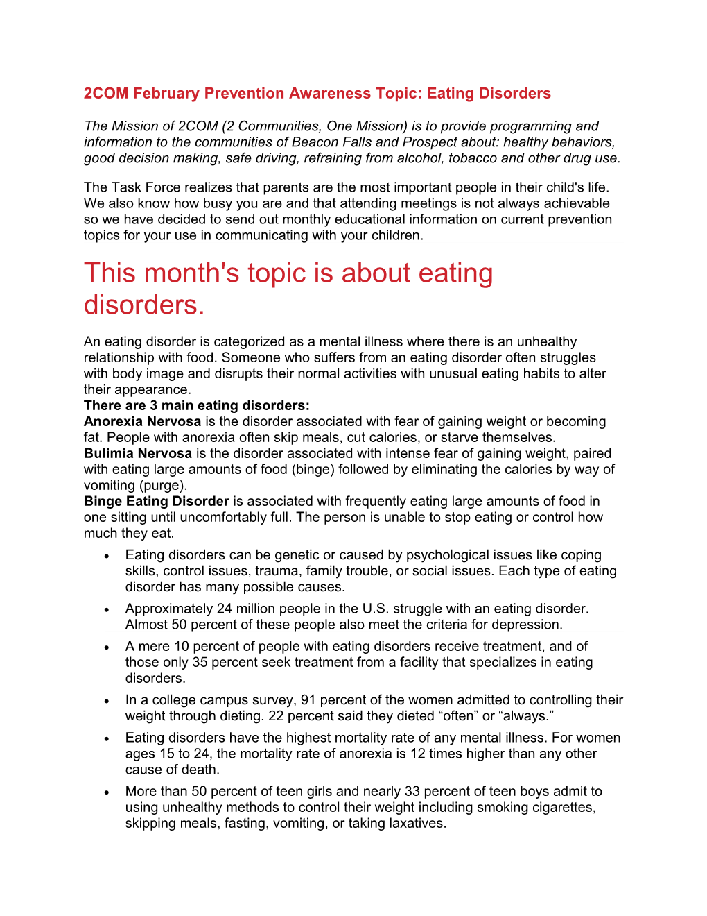2COM Februaryprevention Awareness Topic: Eating Disorders