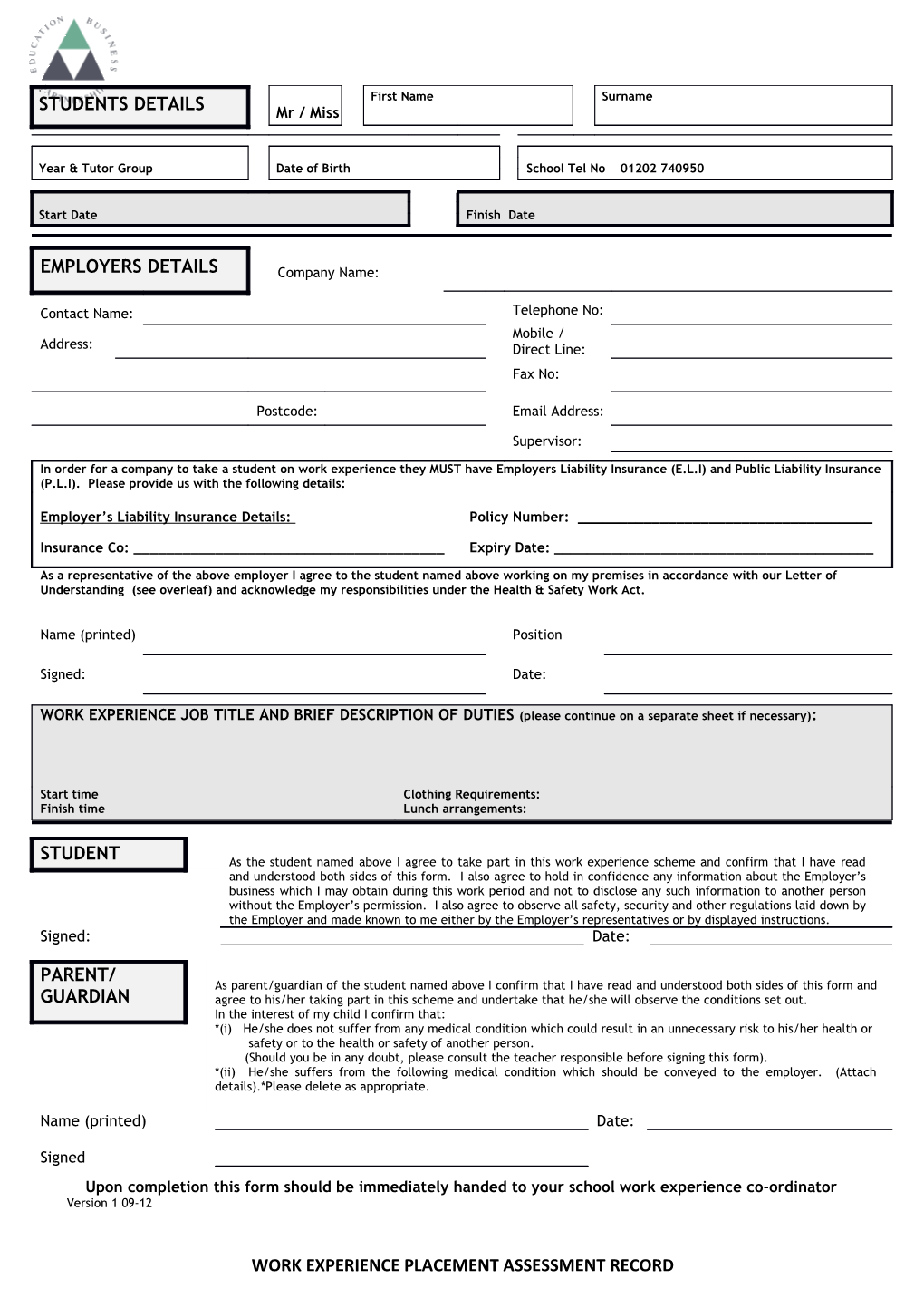 Work Experience Placement Assessment Record