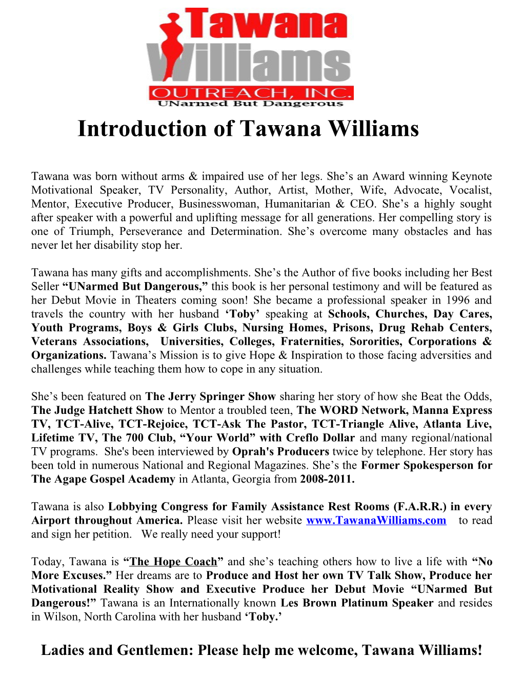 Introduction of Tawana Williams