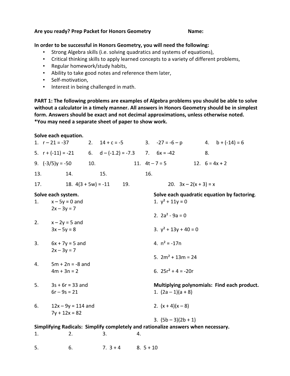 Prep for Honors Geometry