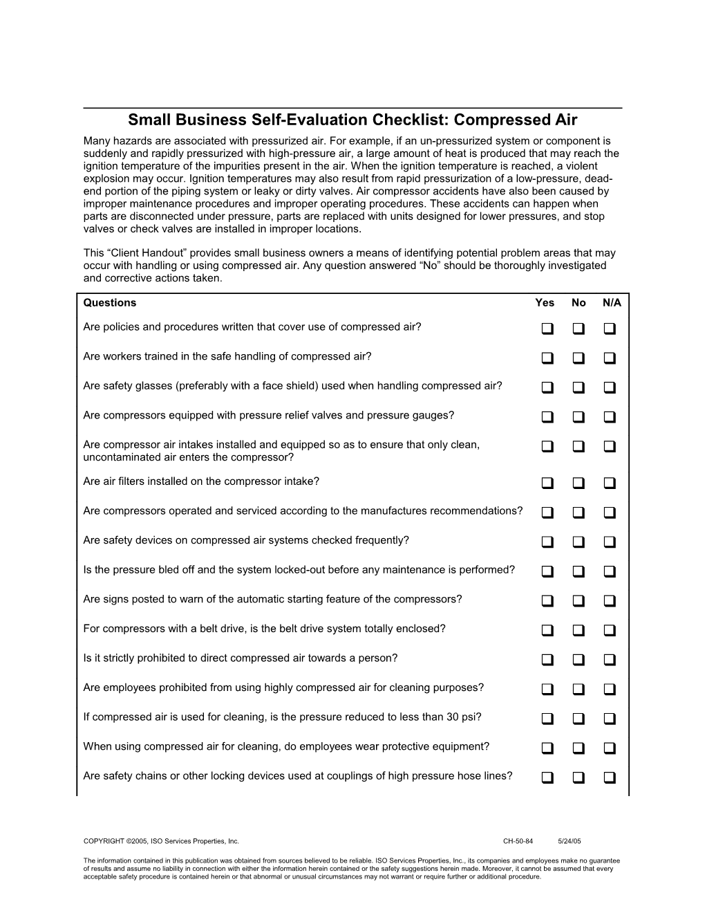 Small Business Self-Evaluation Checklist: Compressed Air