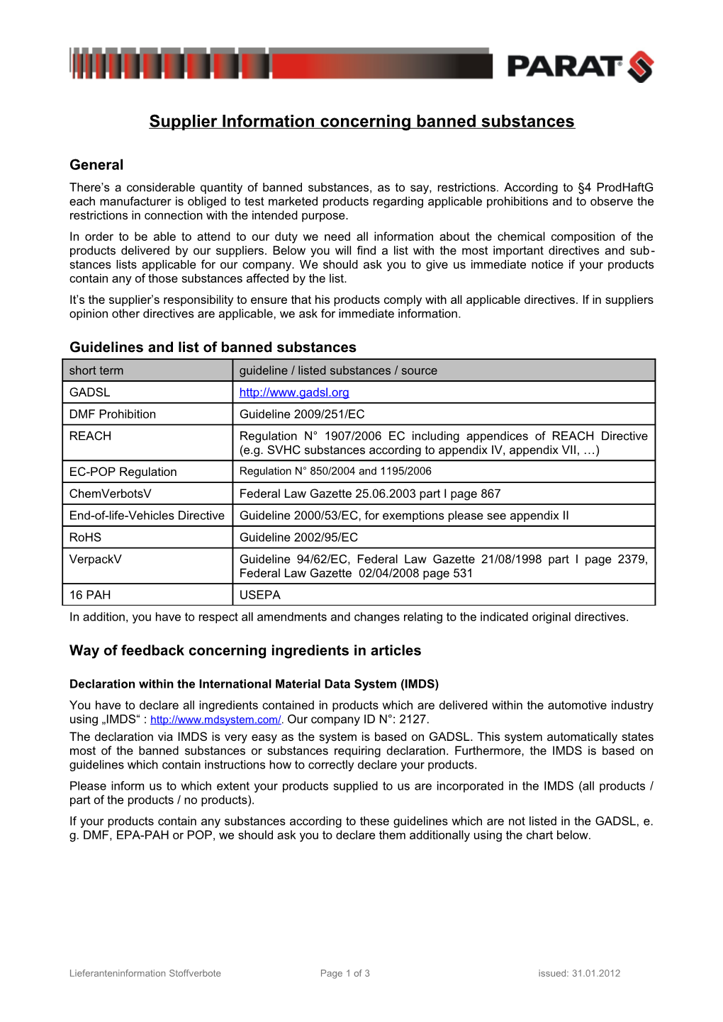 Supplier Information Concerning Banned Substances