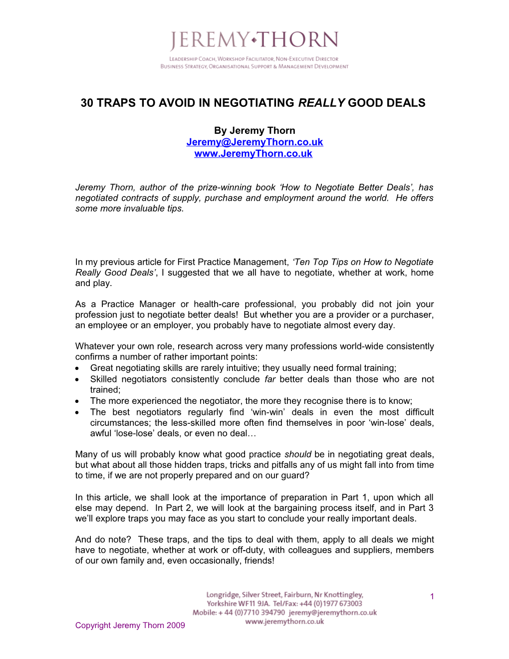 30 Traps to Avoid in Negotiating Really Good Deals