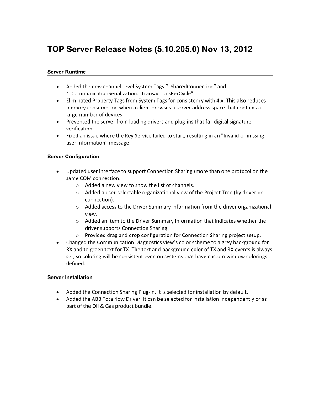 TOP Server Release Notes (5.10.205.0) Nov13, 2012