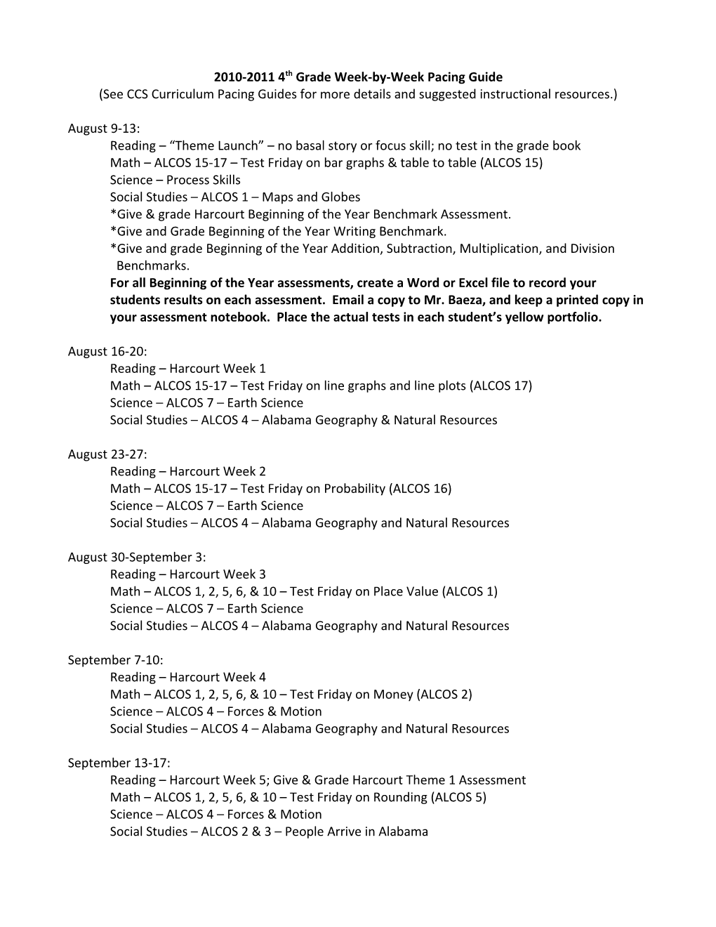 2010-2011 4Th Grade Week-By-Week Pacing Guide