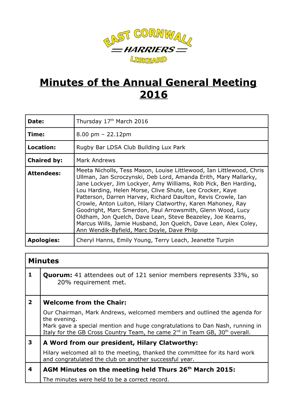 Minutes of the Annual General Meeting 2016