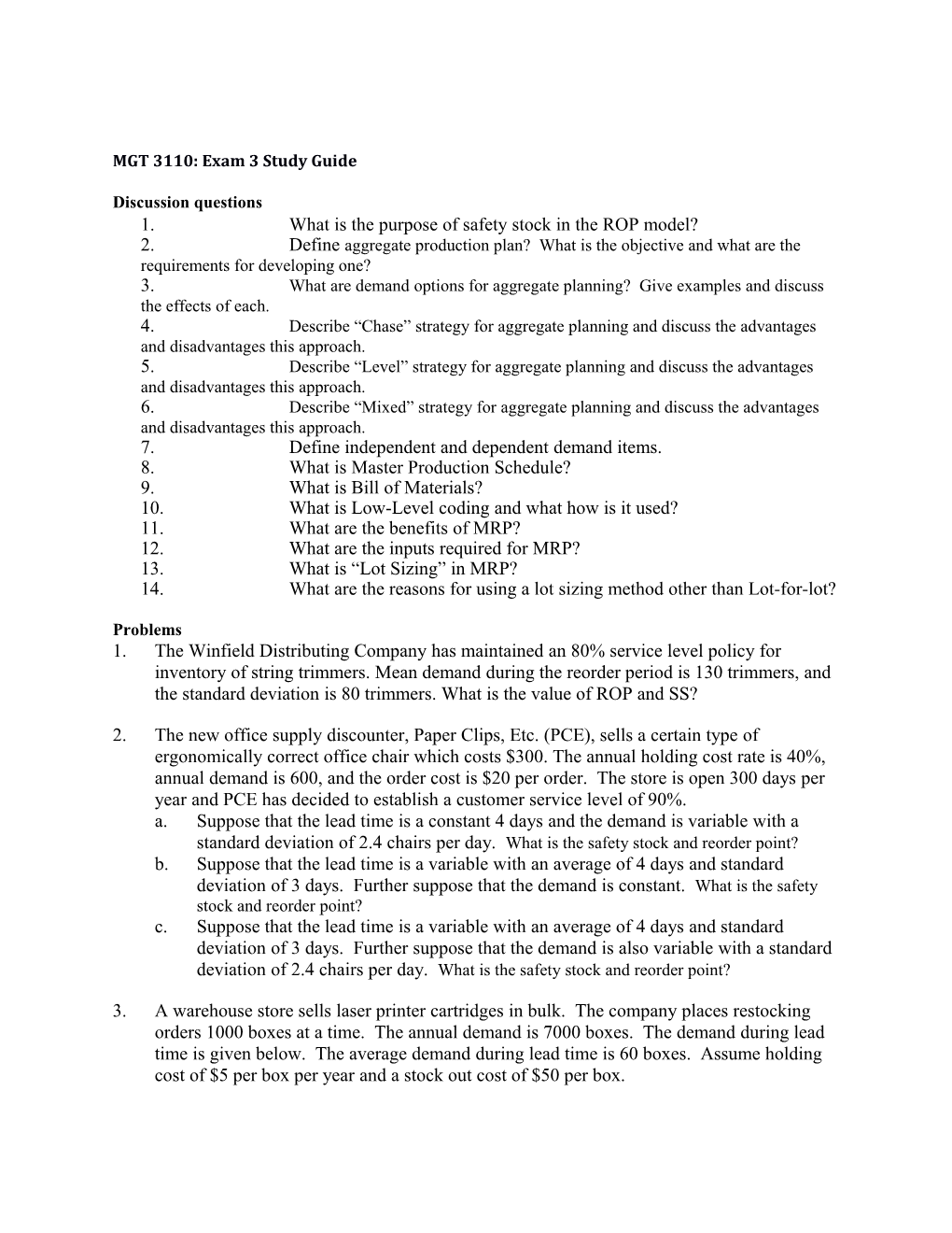 MGT 3110: Exam 3 Study Guide