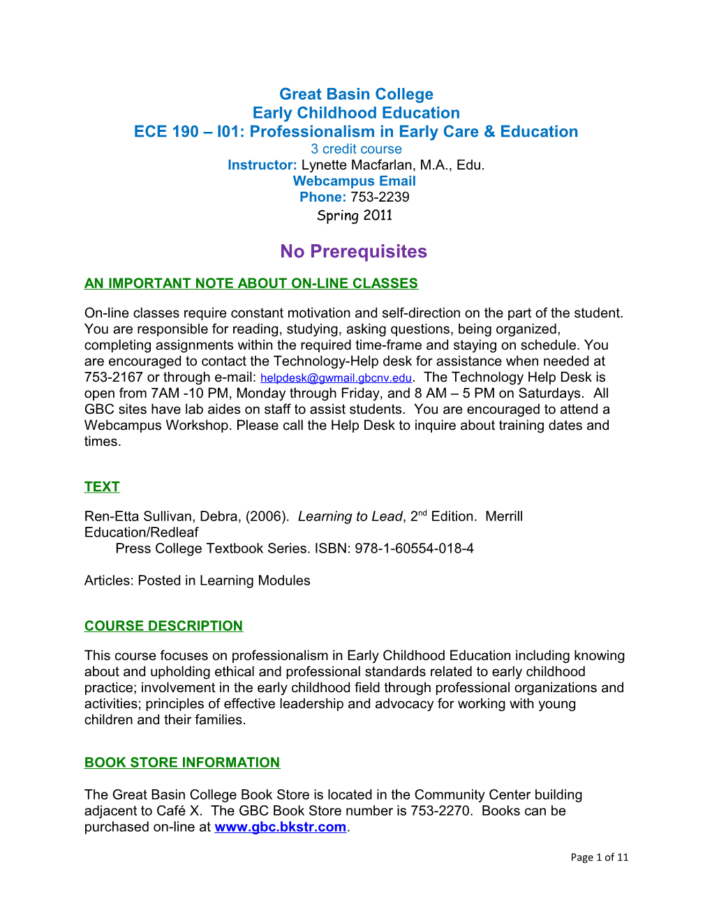 ECE 190 I01: Professionalism in Early Care & Education