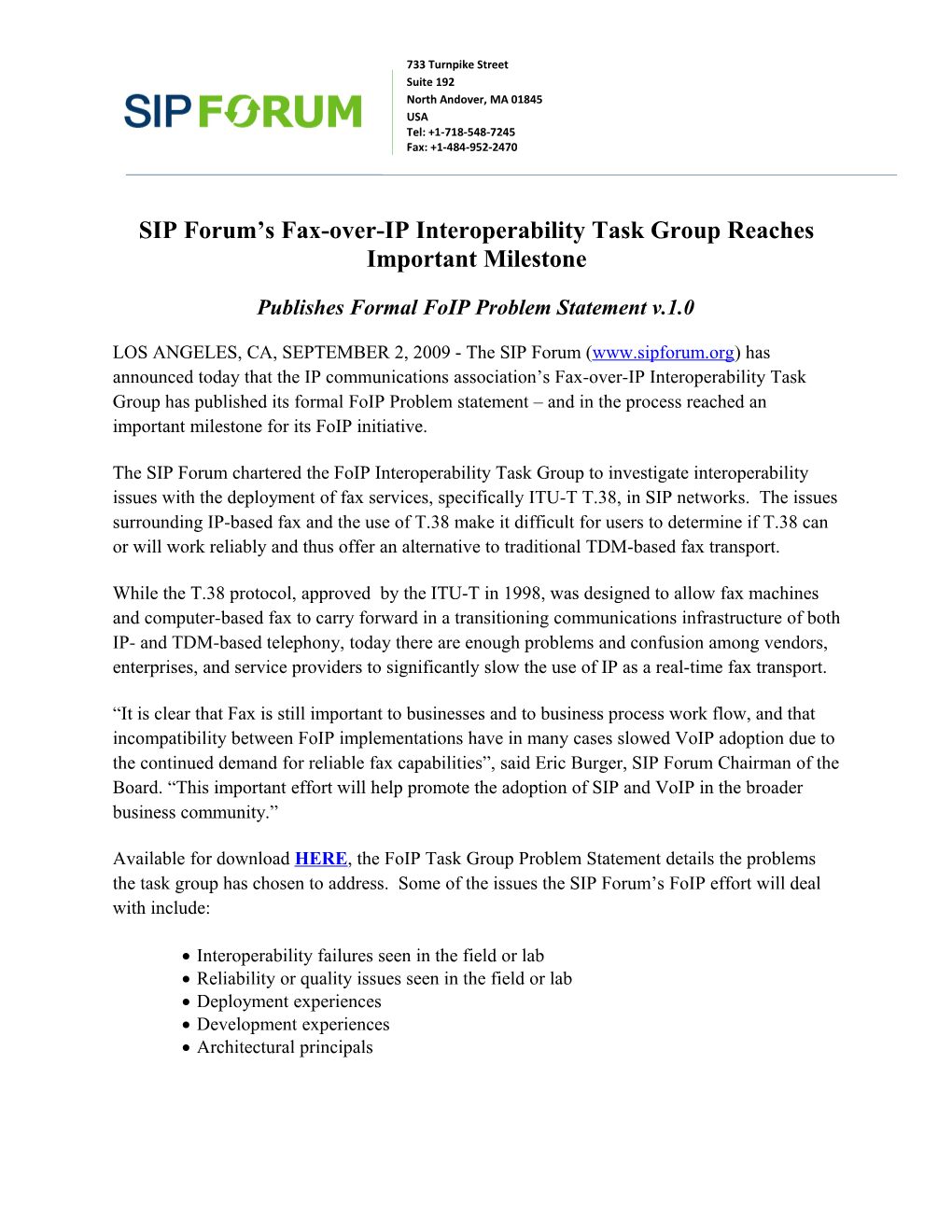SIP Forum S Fax-Over-IP Interoperability Task Group Reaches Important Milestone