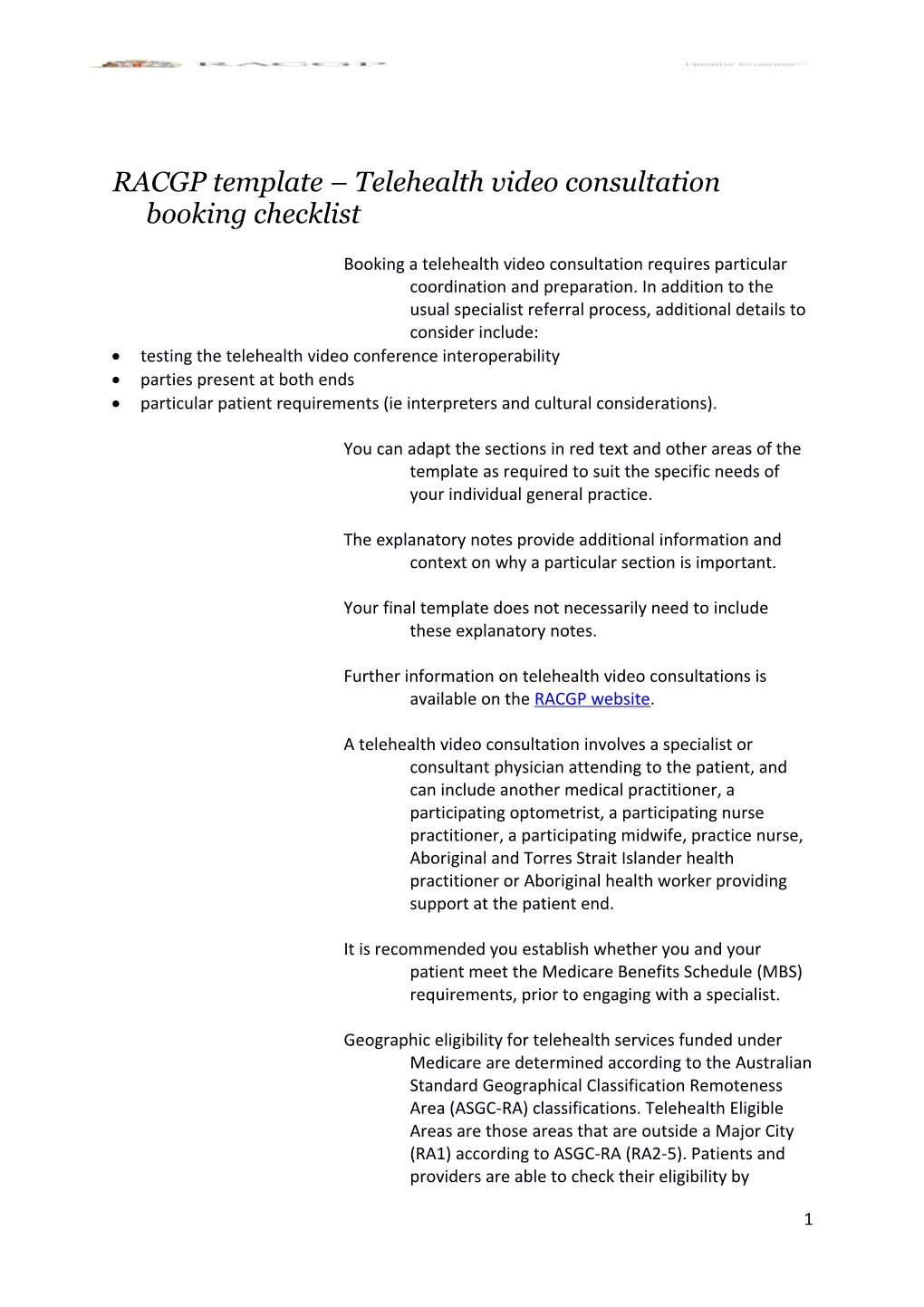 RACGP Template Telehealth Video Consultation Booking Checklist