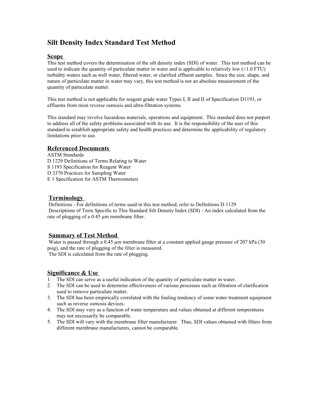 Silt Density Index Standard Test Method