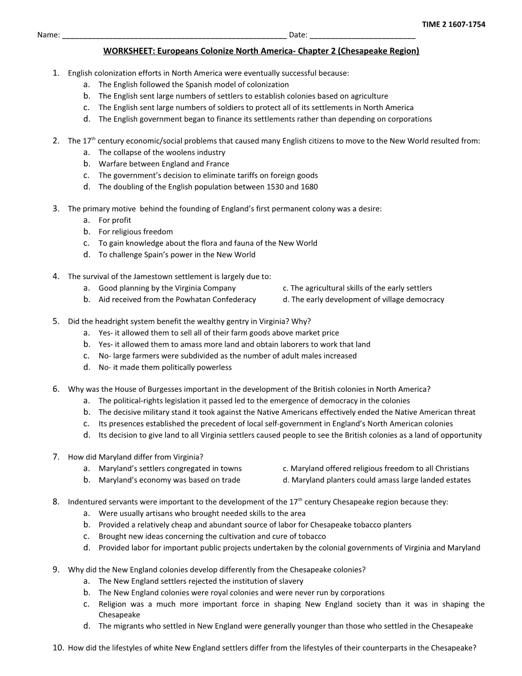 WORKSHEET: Europeans Colonize North America- Chapter 2 (Chesapeake Region)