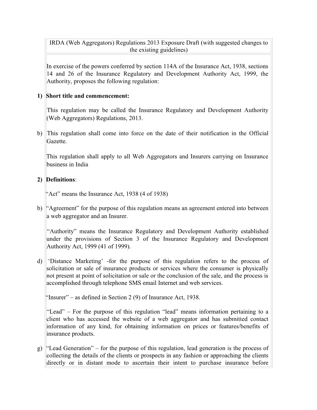 IRDA (Web Aggregators) Regulations 2013 Exposure Draft (With Suggested Changes to the Existing