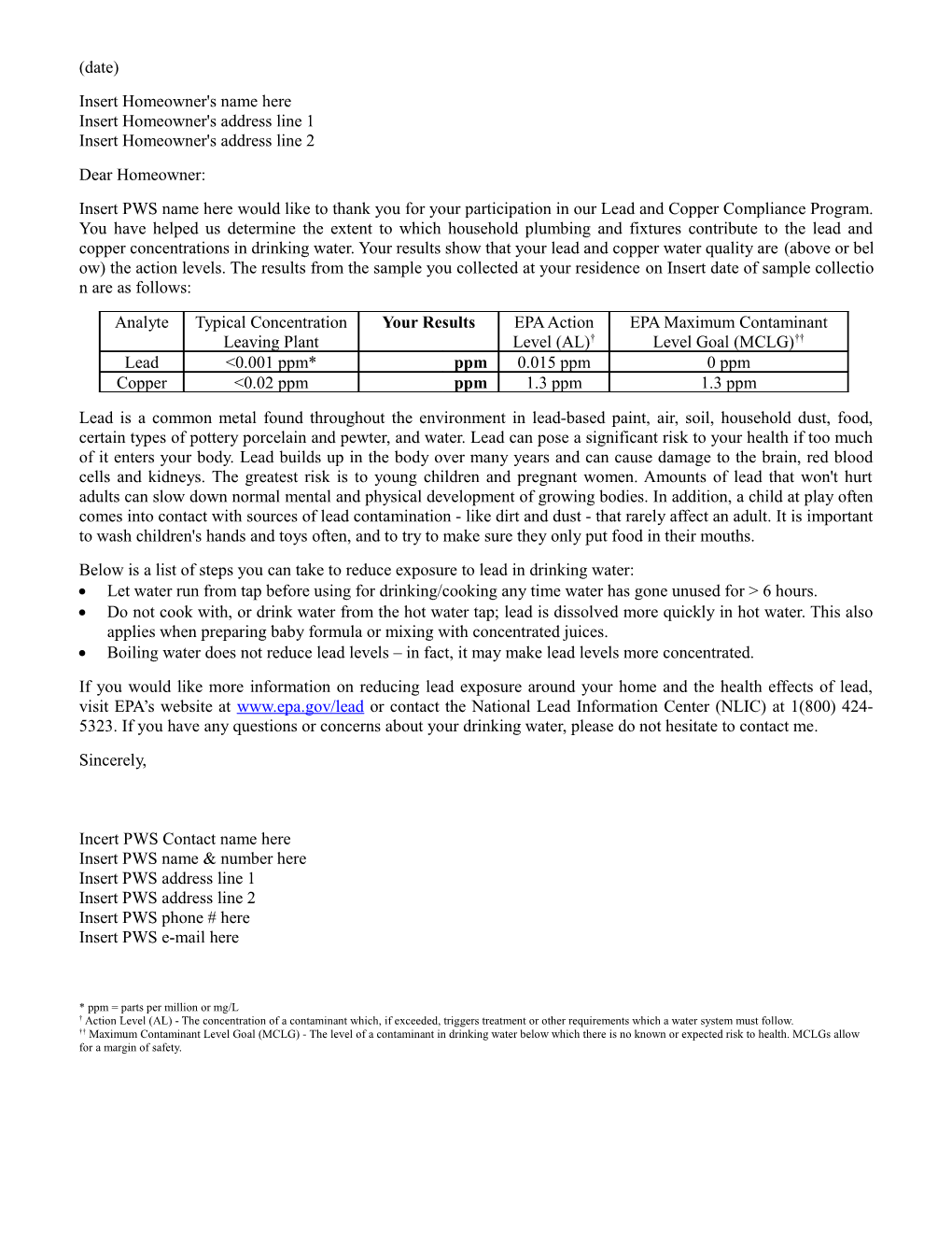 Lead/Copper Rule Results Notification Form