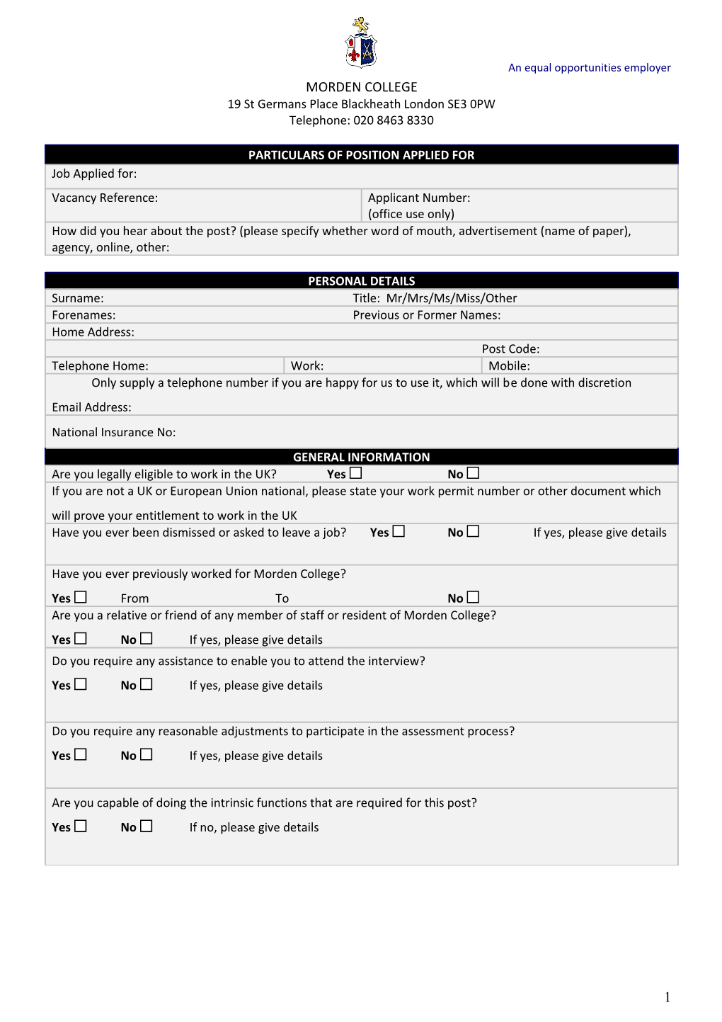 Particulars of Position Applied For