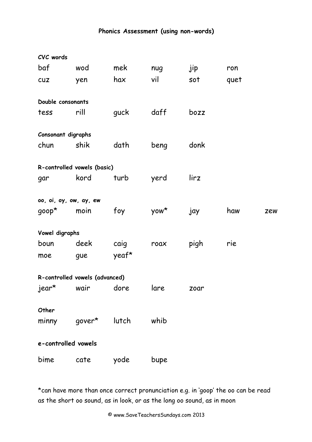 Phonics Assessment (Using Non-Words)